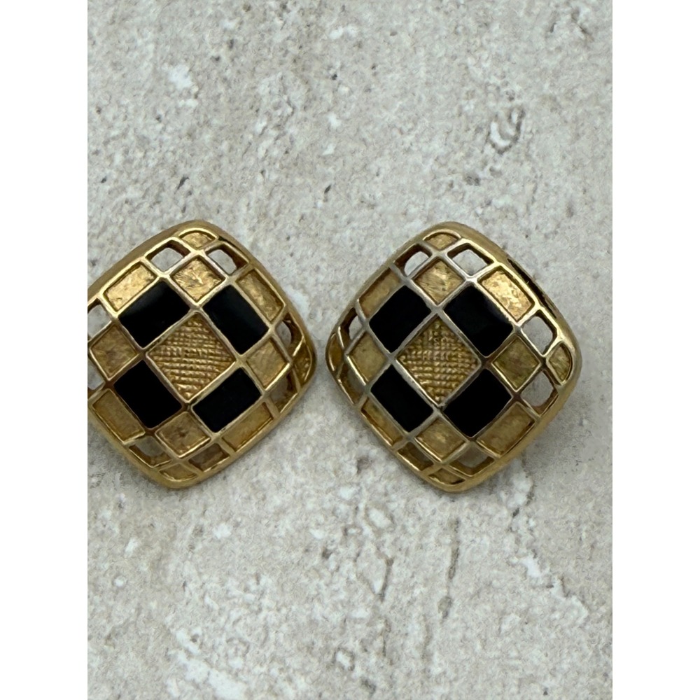 Vintage 80s Black Enamel Checkerboard Pierced Earrings Gold Tone Statement